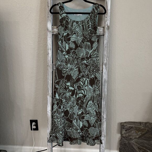 Dress Barn Women’s Floral Maxi Dress Blue & Brown Leaf Pattern Sz 4 Y2K - Picture 1 of 5